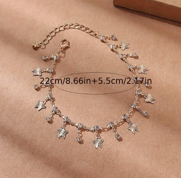 1pc Mini Butterfly Tassel Pendant Thin Chain Anklet Inlaid White Rhinestone Geometric Foot Decoratio