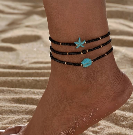 3pc Set Bohemian Mixed Color Beaded Turquoise Starfish Anklets, Minimalist Beach Turtle Pendant, Vintage Fashionable Multi-Layer Chain For Women