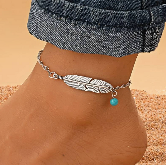 Bohemian-Chic Silvery Feather Leaf Anklet With Turquoise Decor, Vintage Style Women's Beach Foot Jewelry