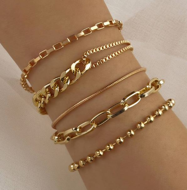 5pcs Elegant Cuban Chain Bracelet Set Punk Style Stackable Multi Layers Hand Chain Jewelry