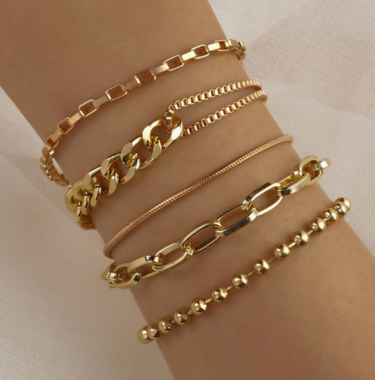 5pcs Elegant Cuban Chain Bracelet Set Punk Style Stackable Multi Layers Hand Chain Jewelry