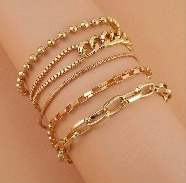 5pcs Elegant Cuban Chain Bracelet Set Punk Style Stackable Multi Layers Hand Chain Jewelry