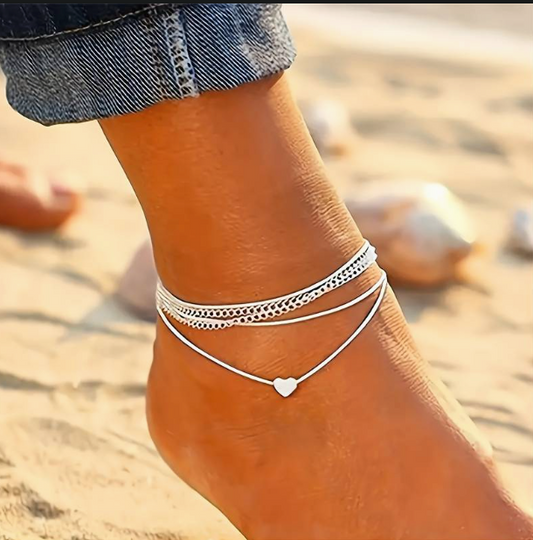 Bohemian Style Double-Layered Silvery Anklet With Cute Heart Charm, Elegant Foot Jewelry For Daily & Beach Fashionable