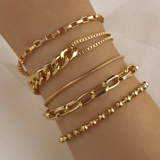 5pcs Elegant Cuban Chain Bracelet Set Punk Style Stackable Multi Layers Hand Chain Jewelry