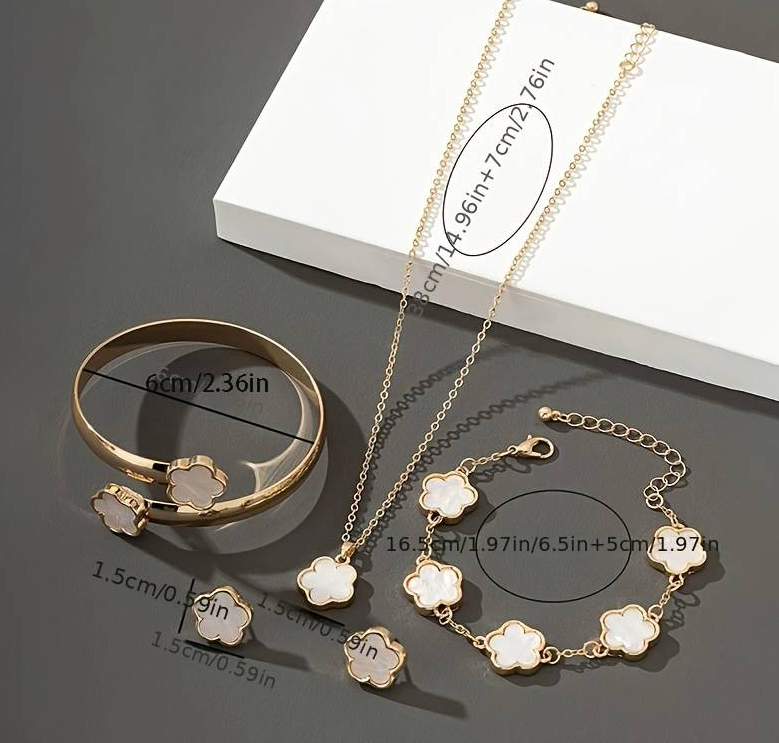 Flower Jewelry Set, Elegant Sexy Style, Includes Clover Bracelet, Bangle, Stud Earrings, And Necklace