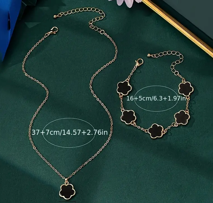 1 Pc Necklace +1 Pc Bracelet Alloy Jewelry Set With Unique Lucky Flower Design