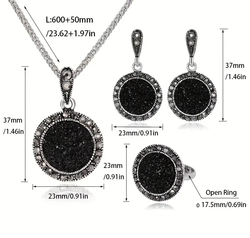 1 Set Unisex Jewelry Set - Stylish Black Round Necklace with Pendant, Trendy Earrings, Adjustable Ring