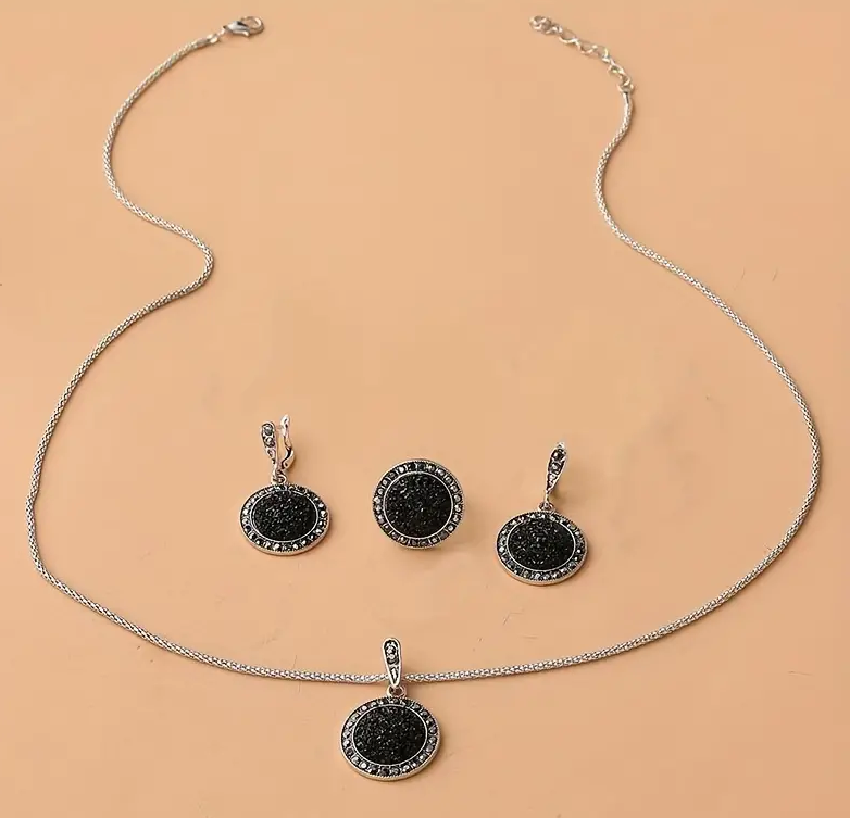 1 Set Unisex Jewelry Set - Stylish Black Round Necklace with Pendant, Trendy Earrings, Adjustable Ring