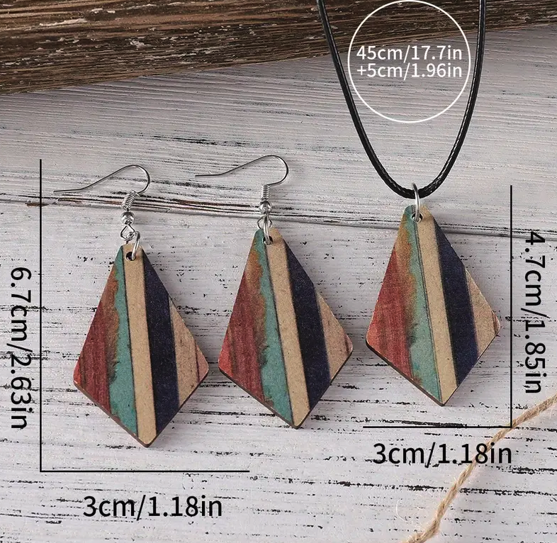 Retro Western Ethnic Style Turquoise Stripe Geometric Pendant Wooden Double-sided Earrings Necklace Set